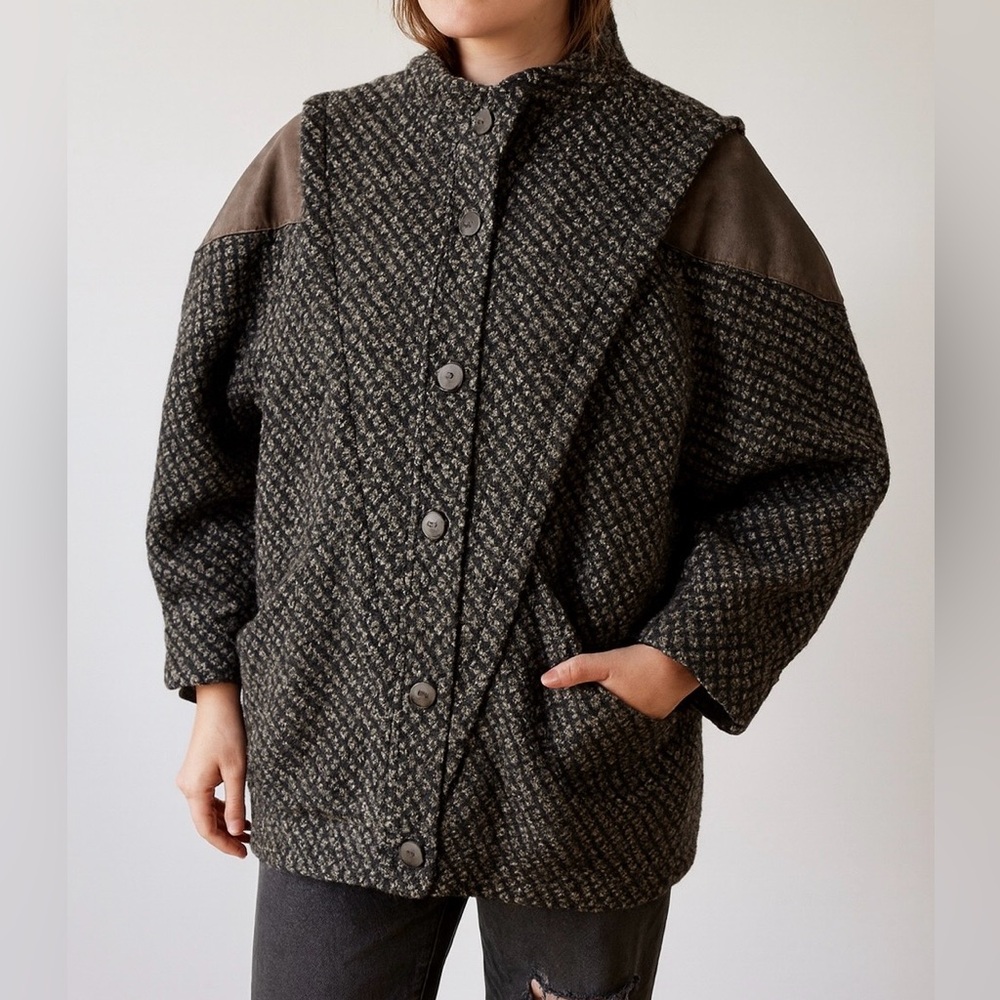 Vintage David Benjamin Wool Tweed & Leather Coat Jacket Funnel Neck Size 14